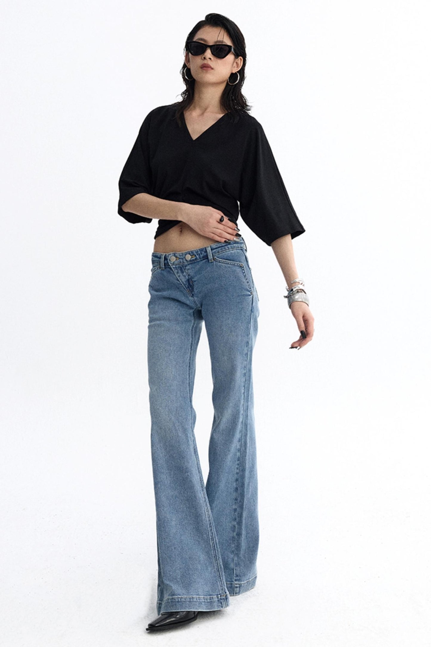 Deconstructed Washed Blue Bootcut Pants