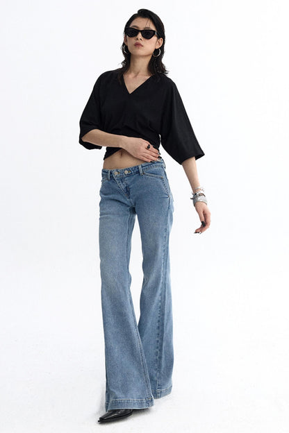 Deconstructed Washed Blue Bootcut Pants