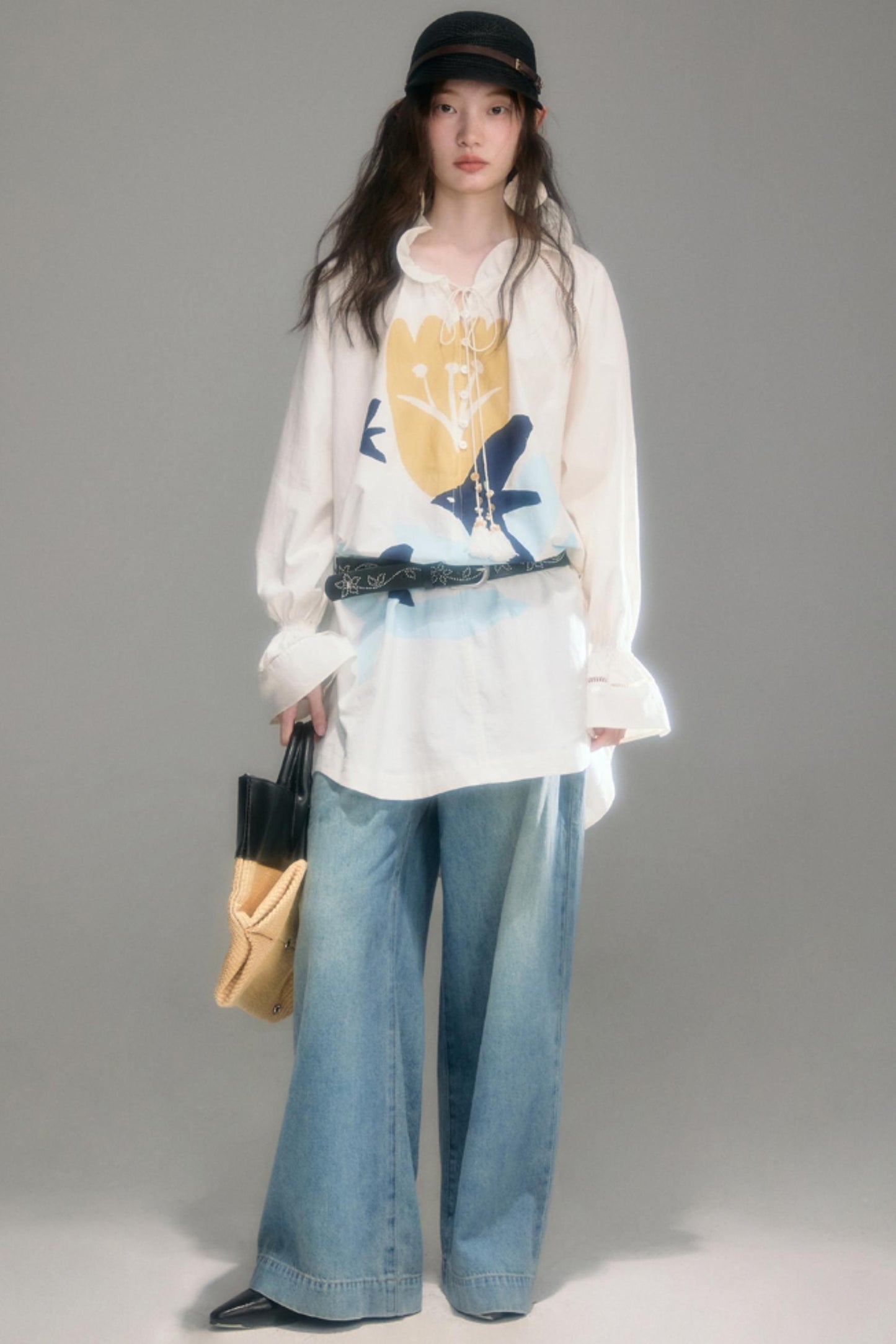 Tulip Bird Print Wood Ear Collar Long Top