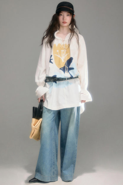 Tulip Bird Print Wood Ear Collar Long Top