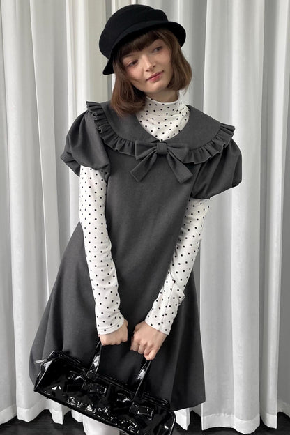 Gray Tweed Bow Lace Puff Sleeve Dress