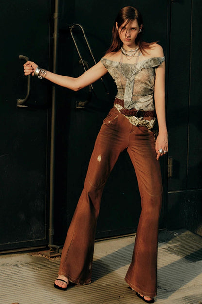 Splash Print Off-Shoulder Casual Top