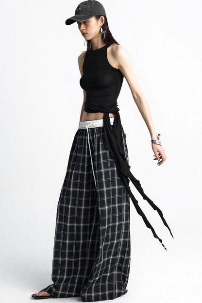 Summer Plaid Wide-Leg Pants