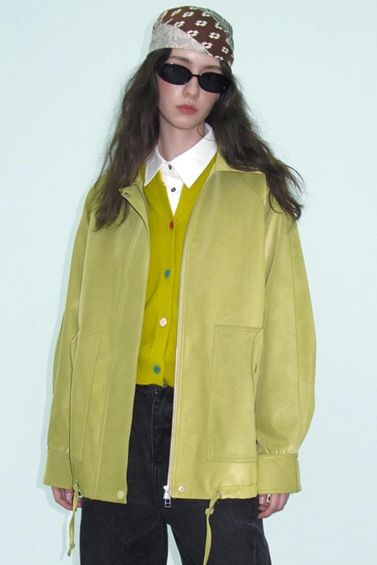 Green Lapel Leather Jacket