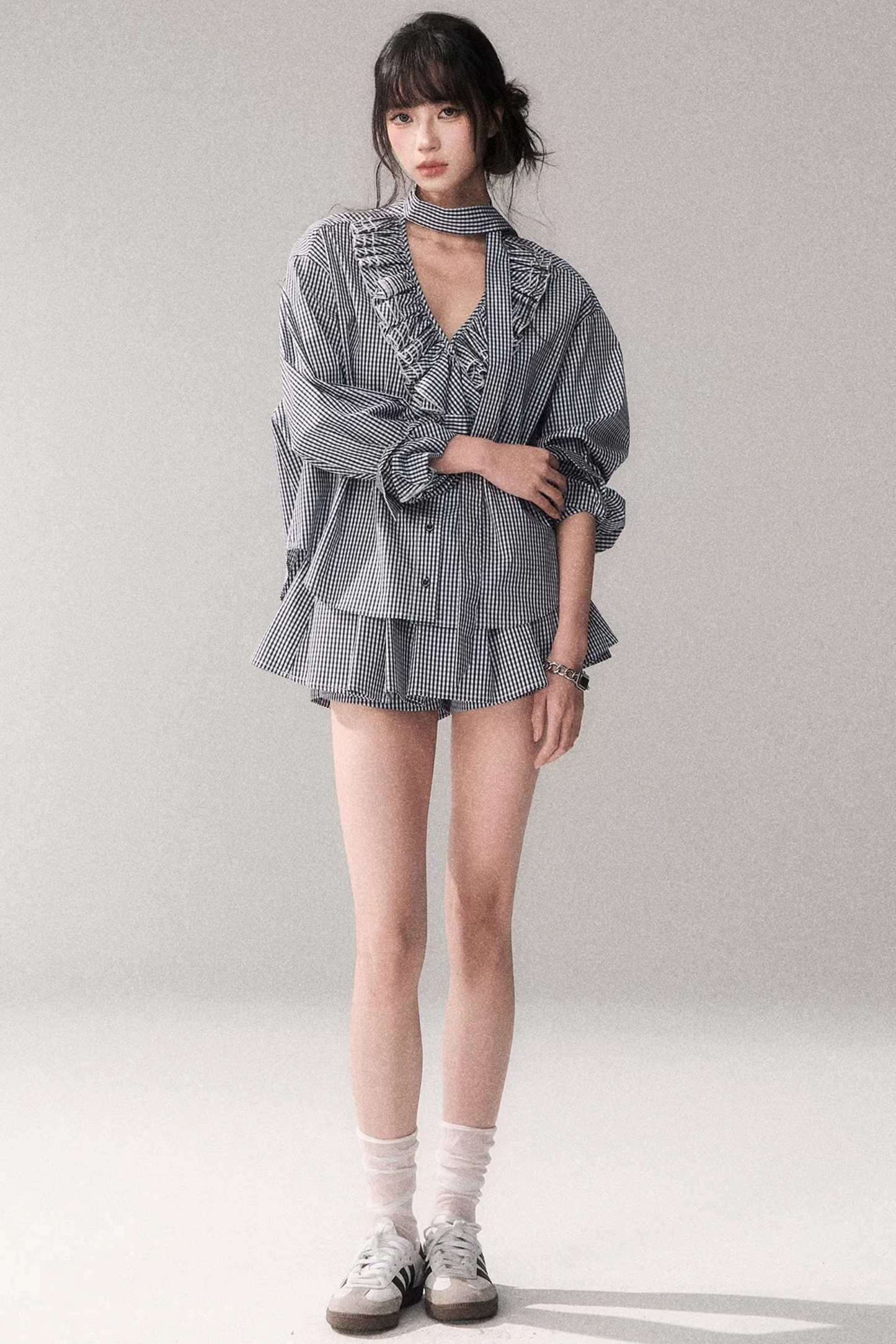 Blue Check Lace Blouse Set-Up