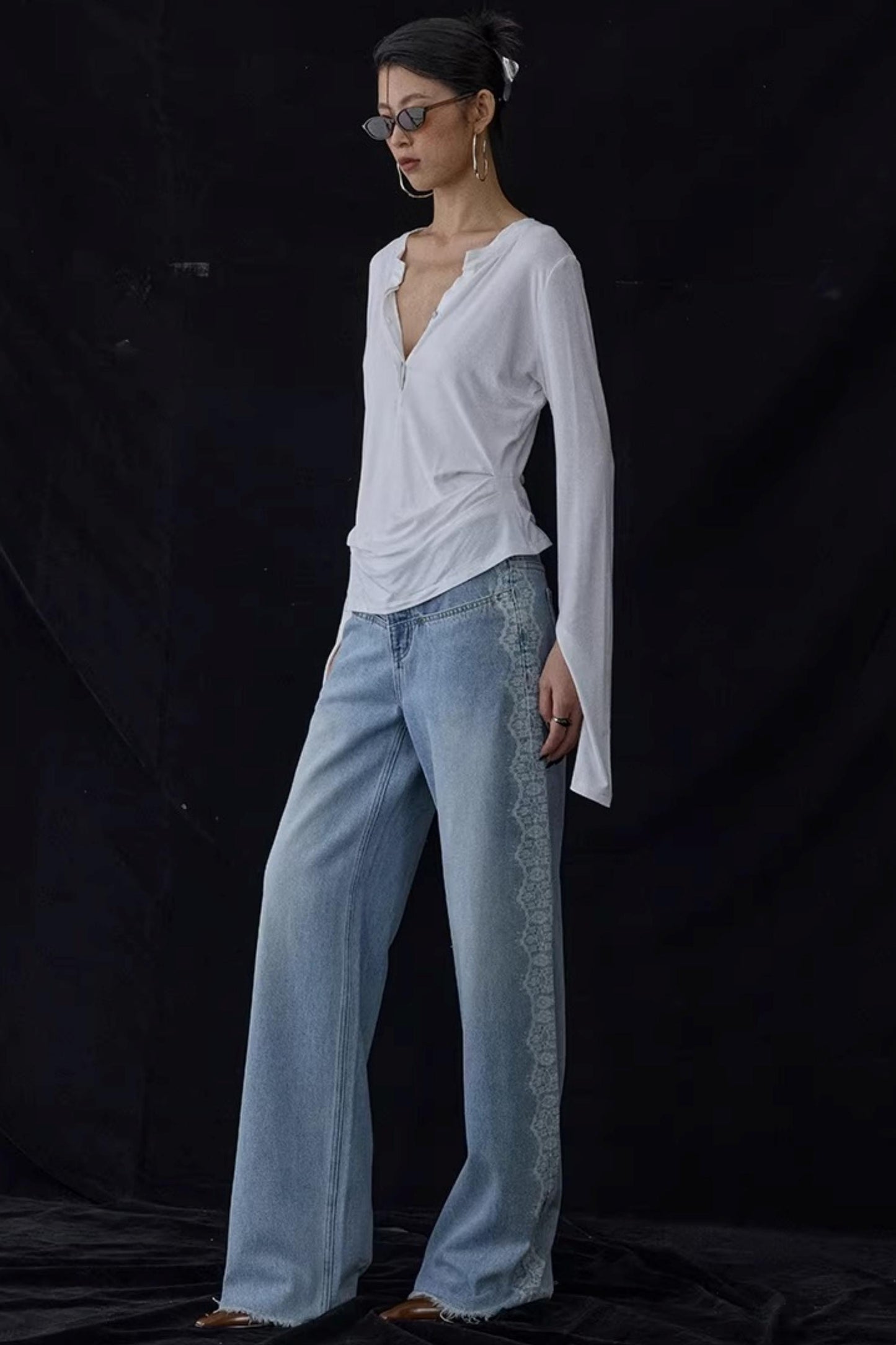 Lace Print Raw Hem Jeans