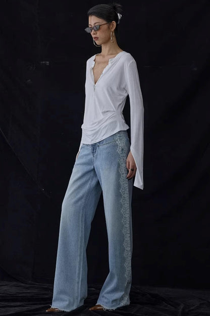 Lace Print Raw Hem Jeans