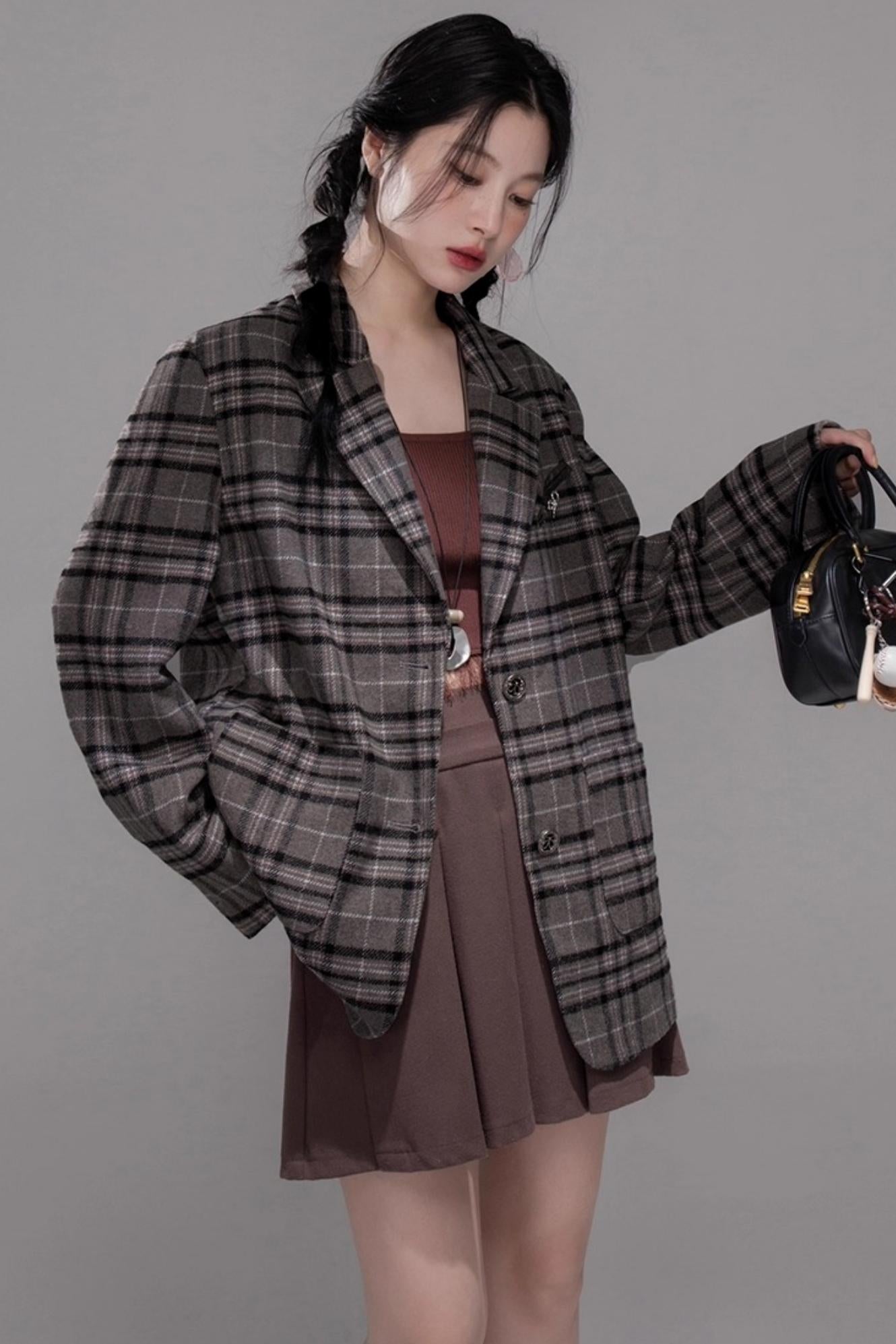 Wool Plaid Patchwork Tweed Jacket