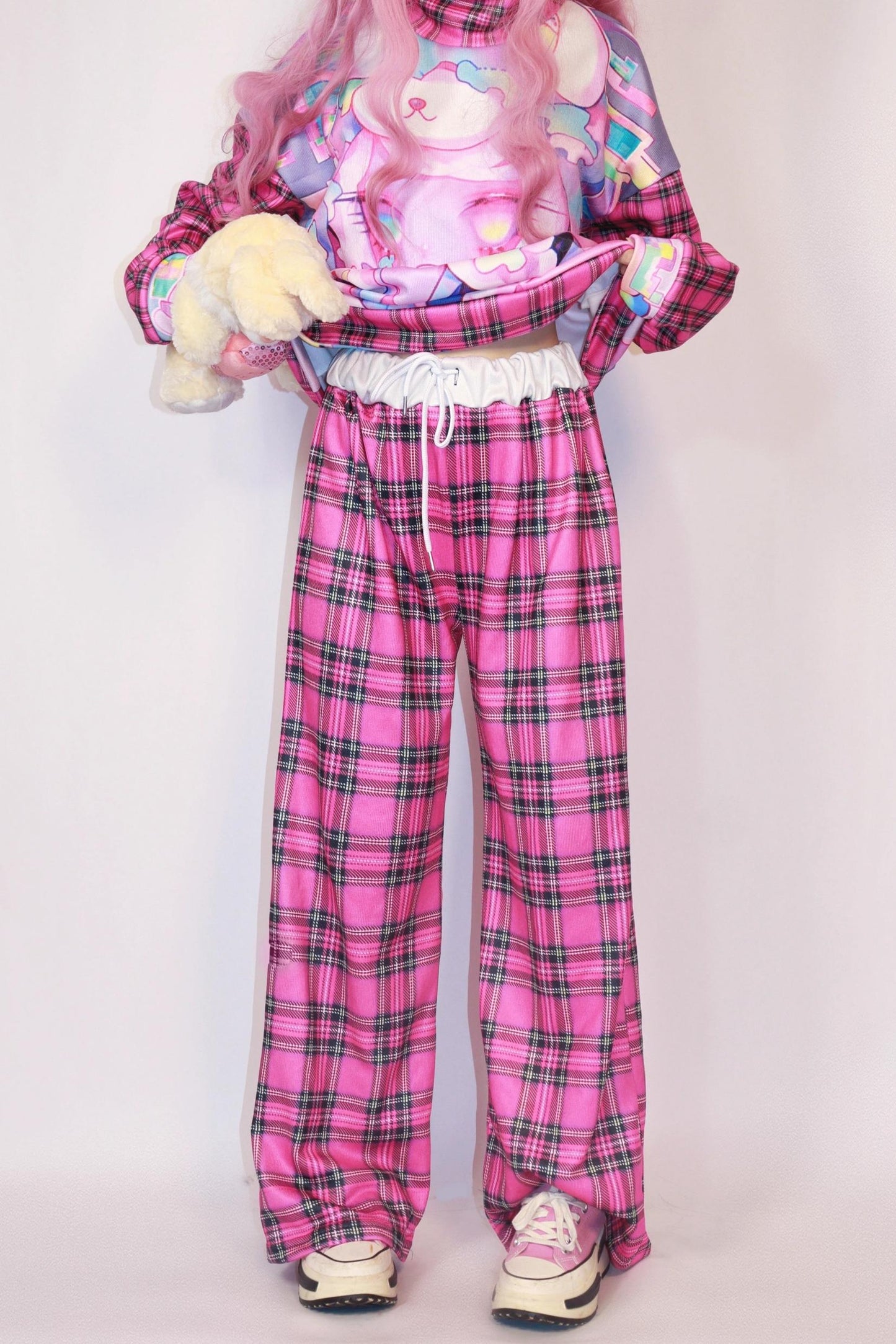 Pink Check Wide-leg Pants