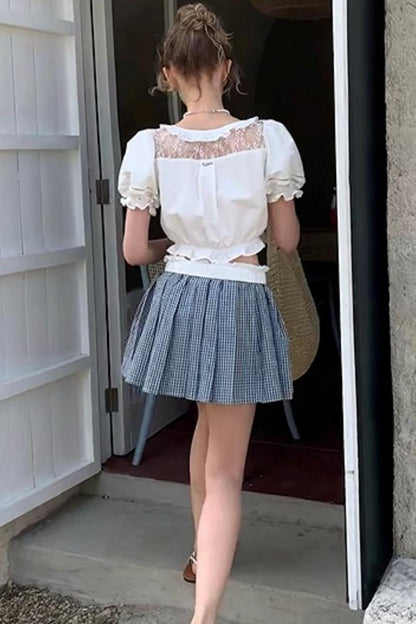 White Lace Square Collar Puff Sleeve Shirt