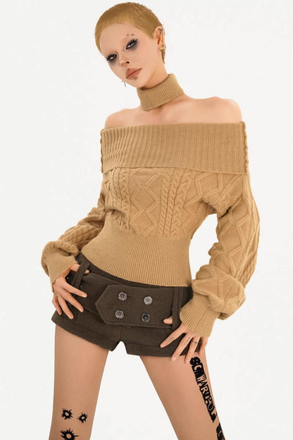 Retro Off-Shoulder Camel Sweater