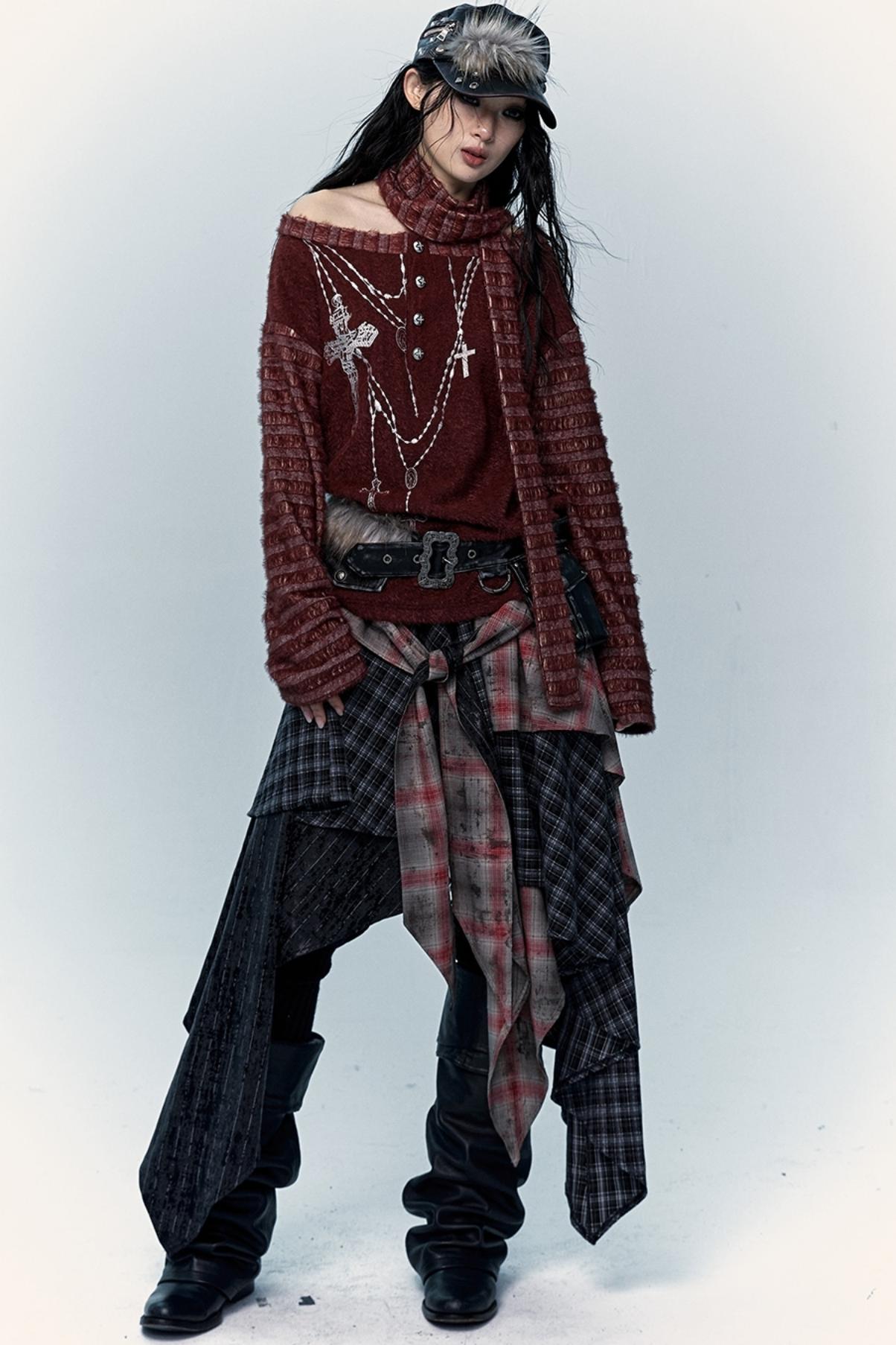 Multi-Layer Check Long Skirt