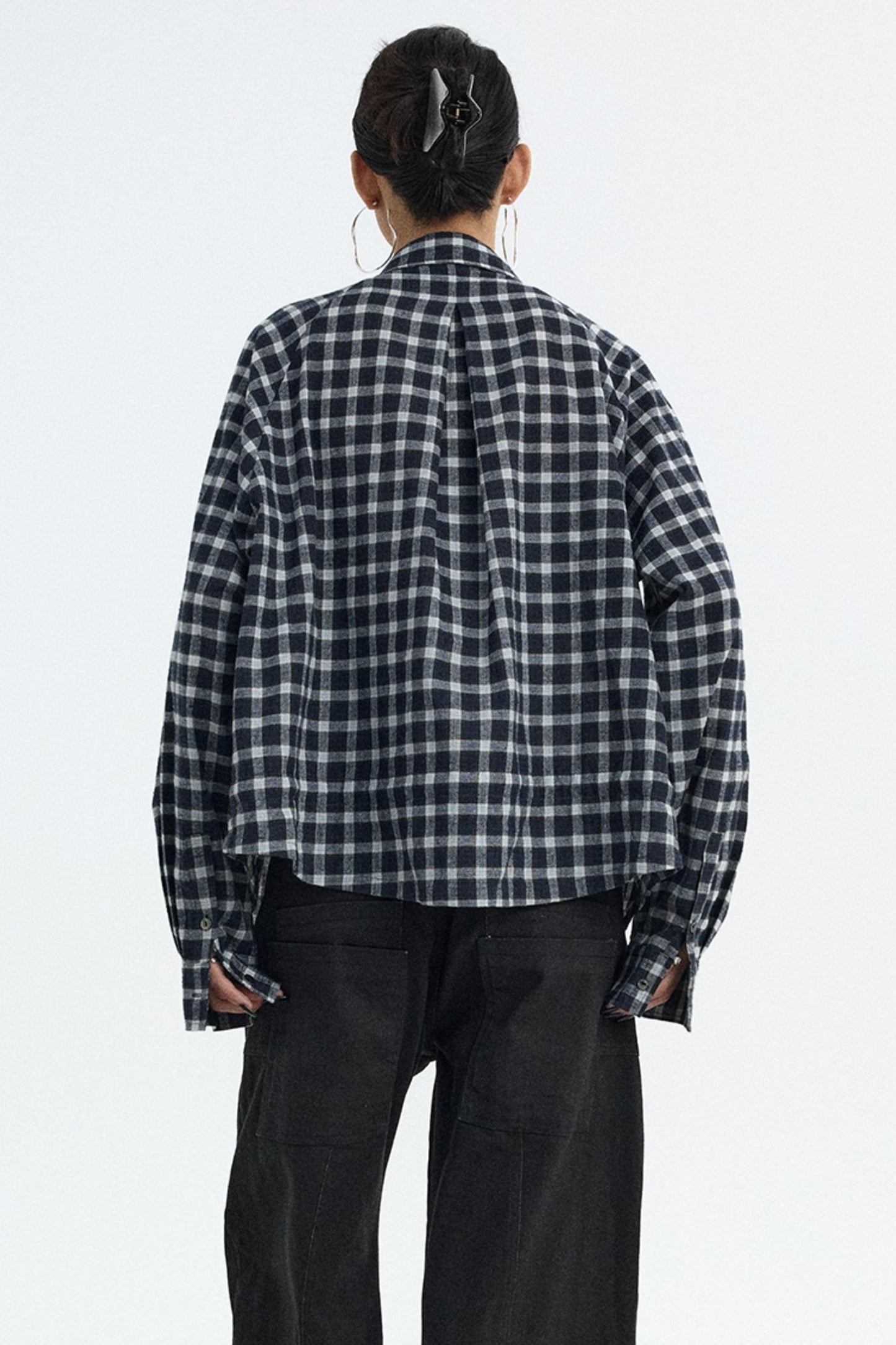 Navy Plaid Drawstring Top