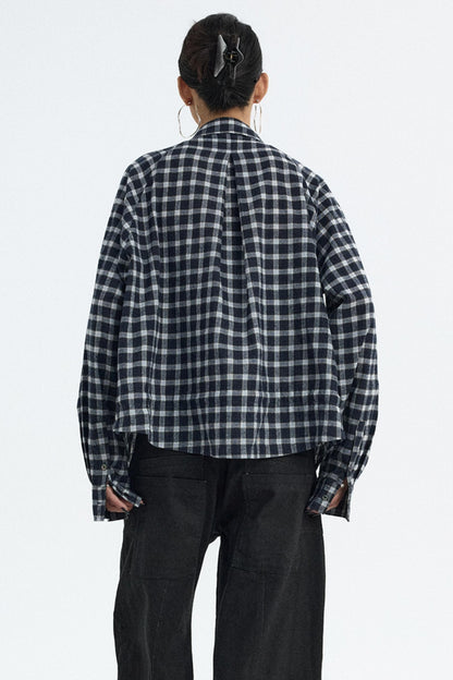 Navy Plaid Drawstring Top