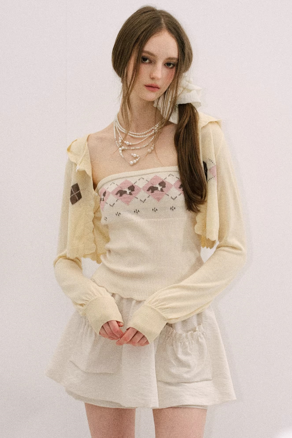 Yellow-Blue Diamond Hooded Cardigan Set-Up