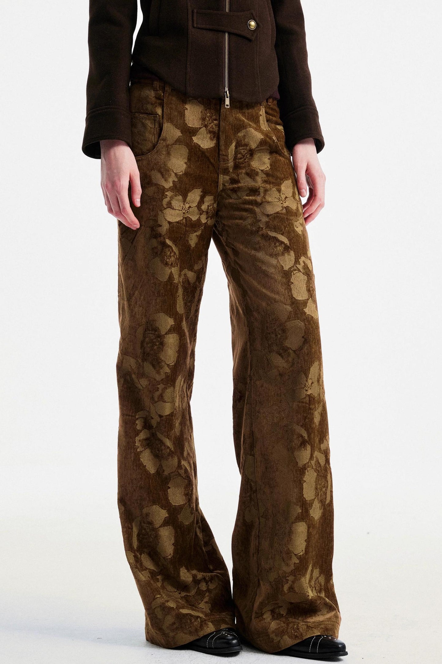 Brown Floral Jacquard Pants