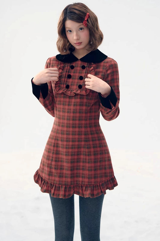 Red Plaid Velvet Dress