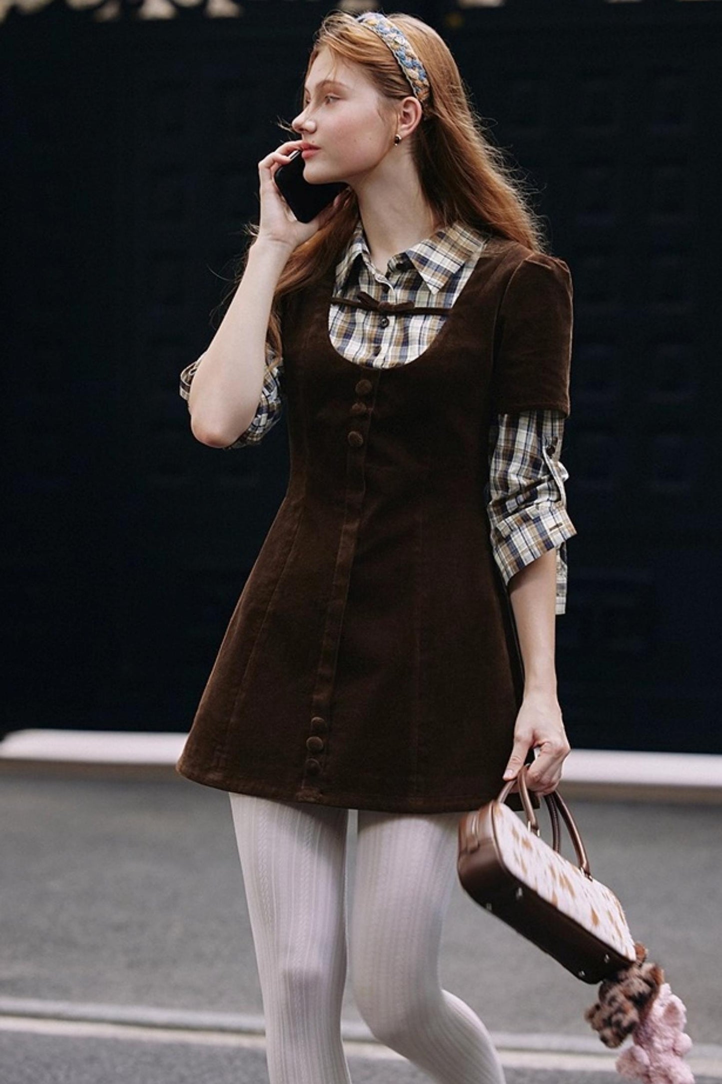 Brown Plaid Corduroy Dress