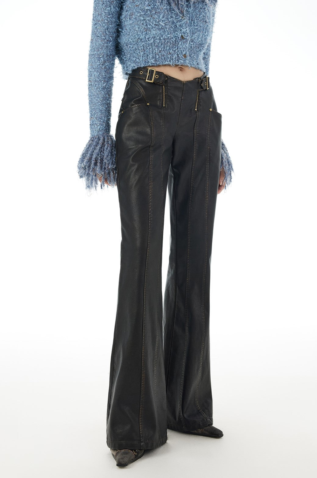 Hem design flared leather pants