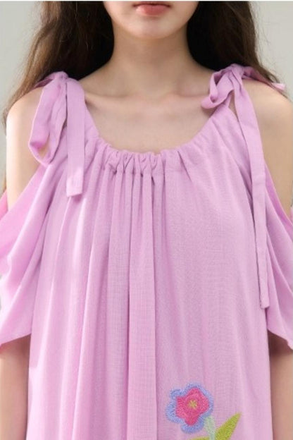 Sweet Peach Nectar Linen Embroidery Dress