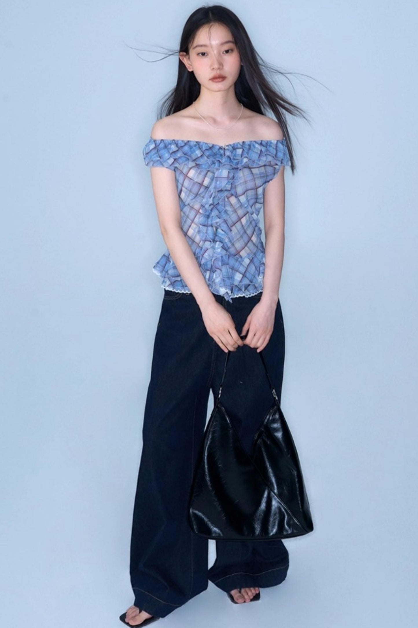 Plaid Ruffle V-Neck Top