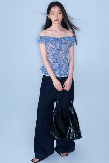 Plaid Ruffle V-Neck Top