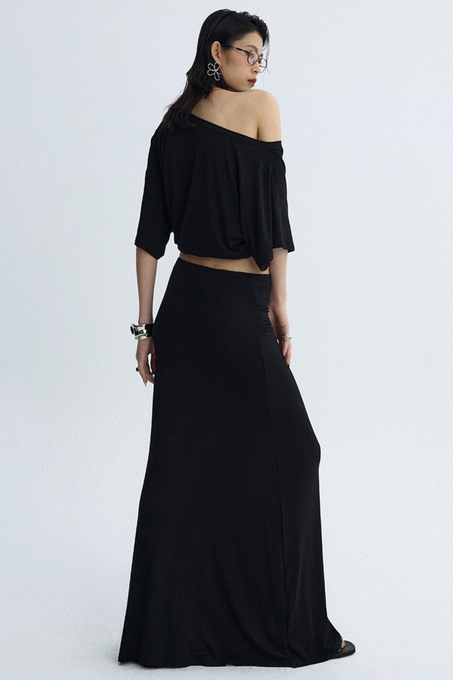 Black Draped Maxi Skirt