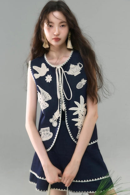 Island Tea Flower Embroidered Top & Skirt Set-Up