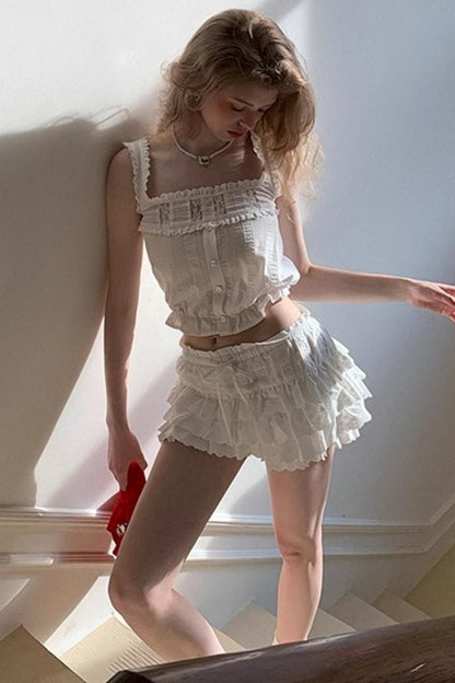 Square-Neck Vest Cropped A-Line Puffed Skirt Set-Up