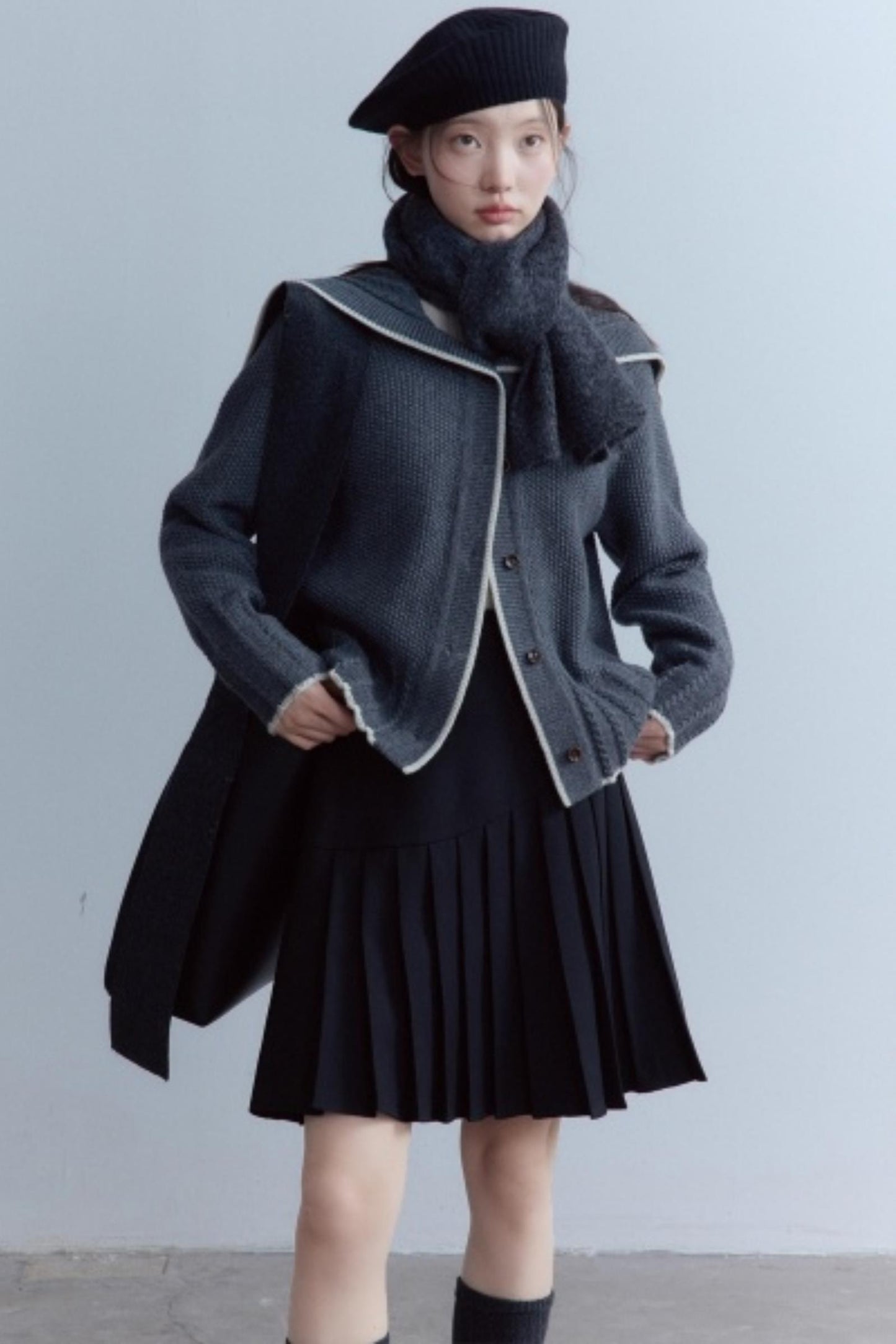 Navy Collar Twisted Rope Woolen Cardigan