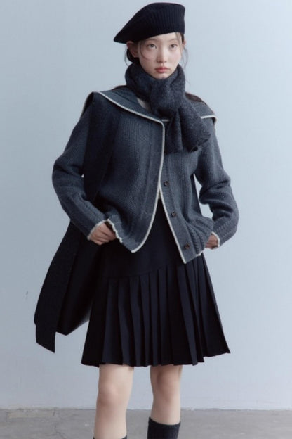 Navy Collar Twisted Rope Woolen Cardigan