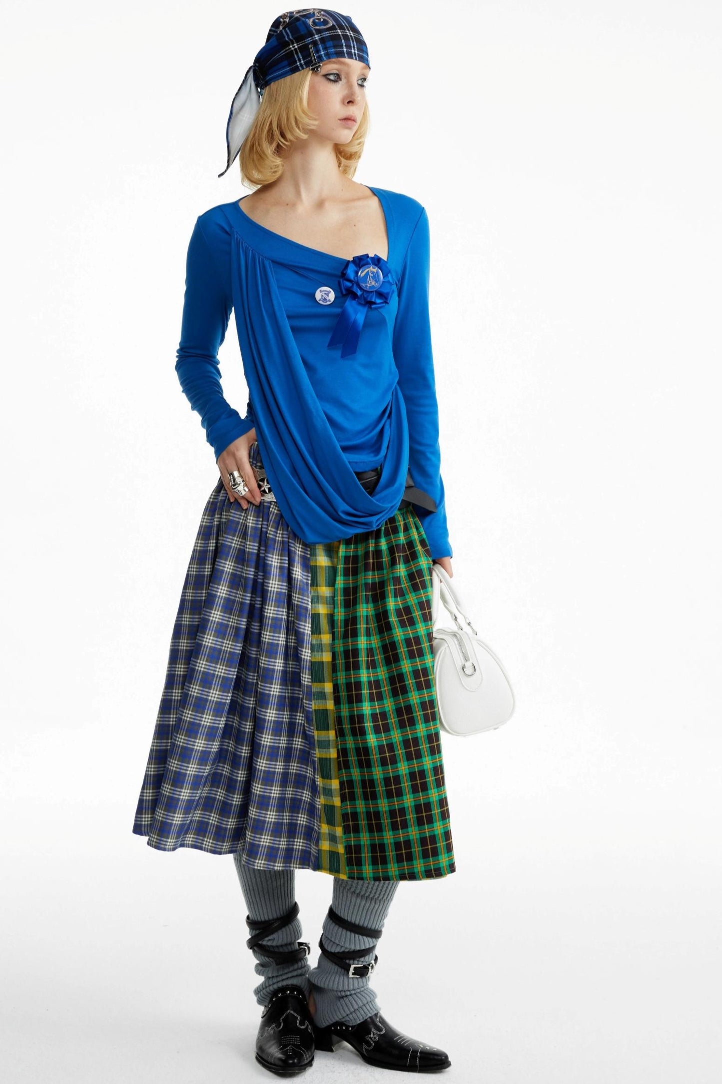 Blue-Green Plaid Pleated Skirt