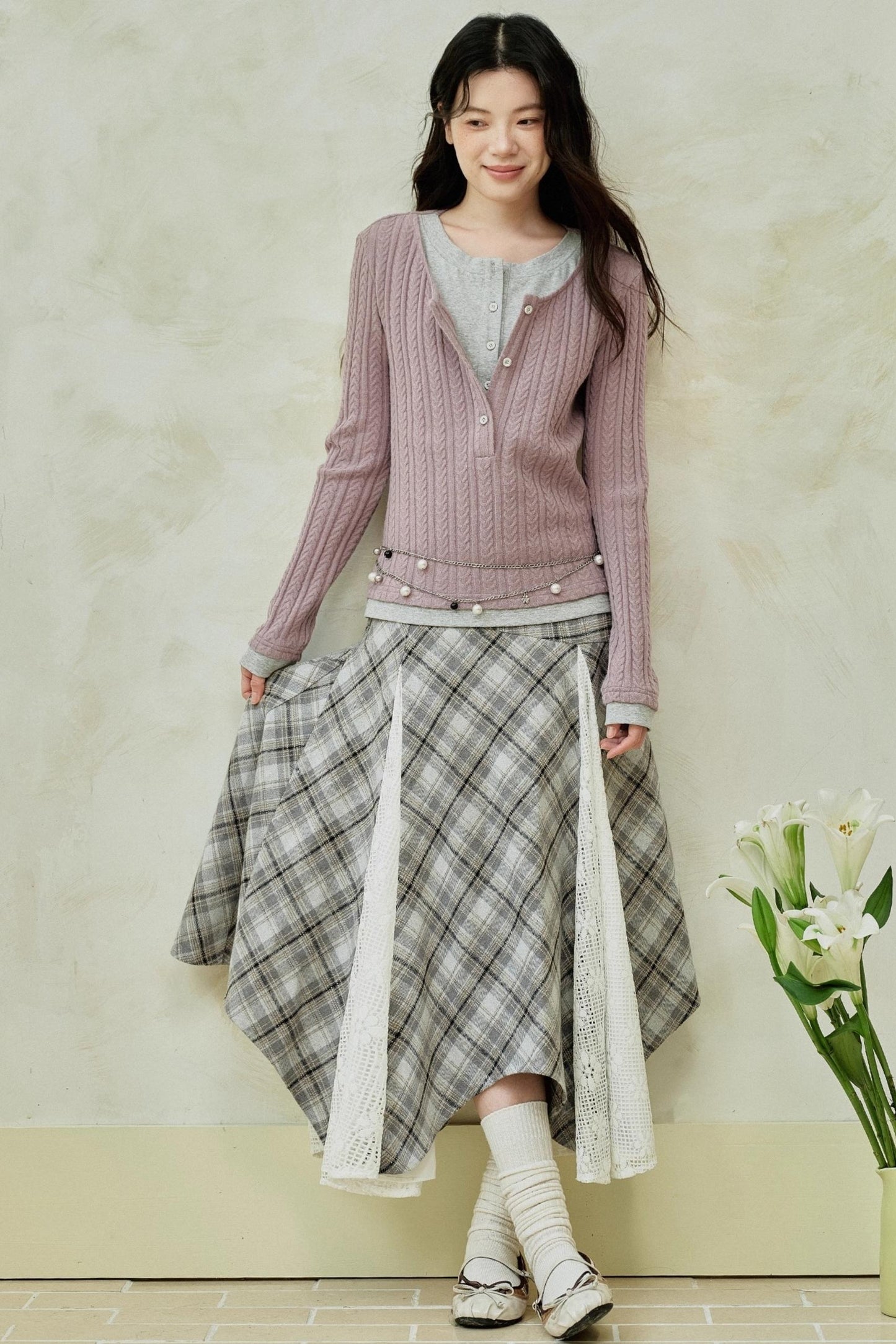Gray-Brown Two-Tone Plaid Irregular Skirt
