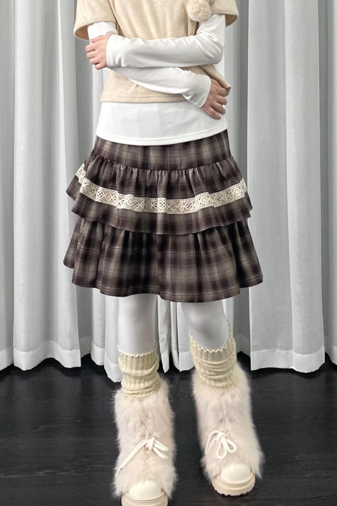 Coffee Plaid Patchwork Puffy Skirt