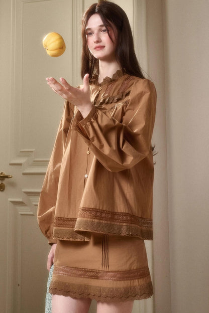 Cotton Lace Shirt With Skirt Set-Up