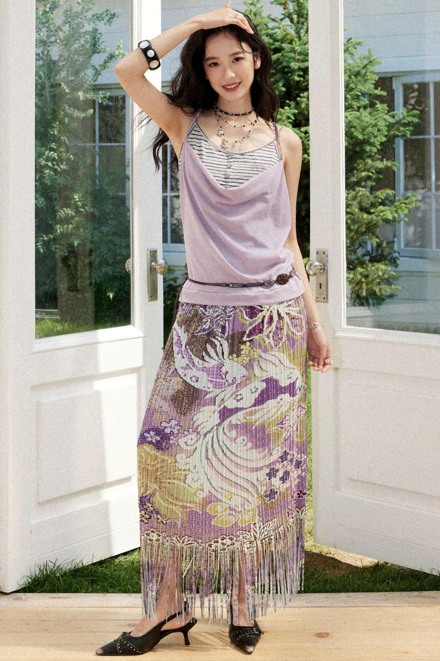 Pleated Satin Floral Skirt