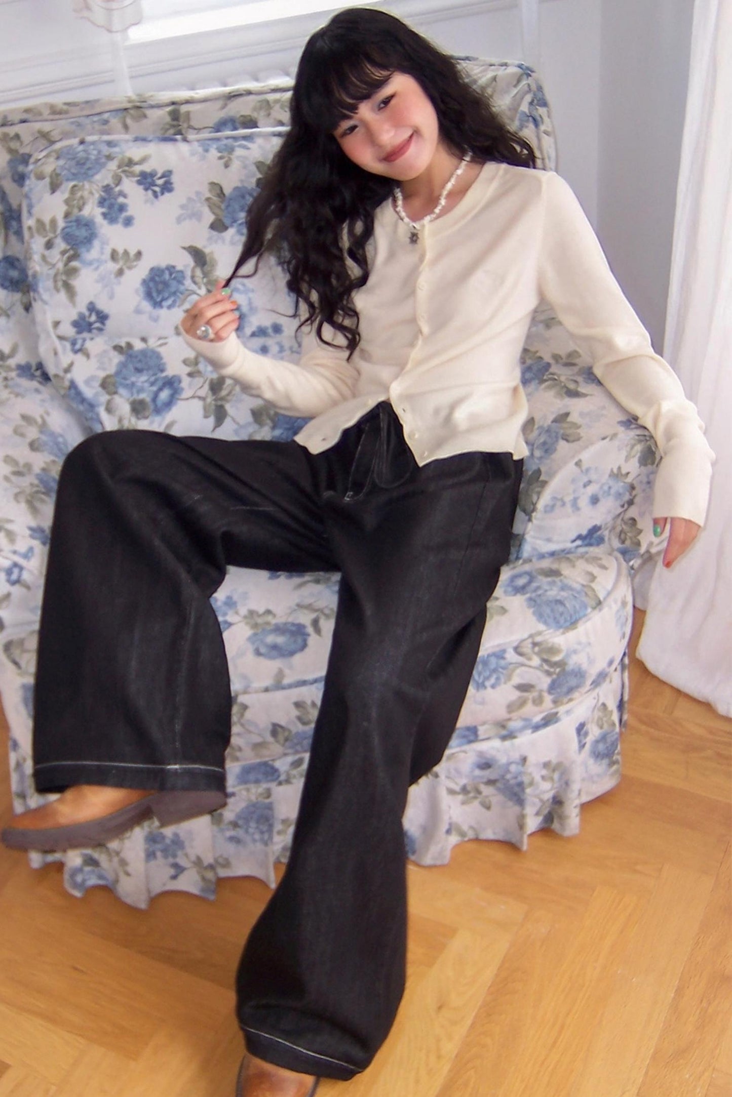 Black Washed Elastic Waist Wide-Leg Jeans