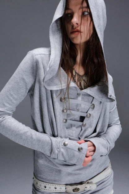 Hooded Metal Buckle Knit Top