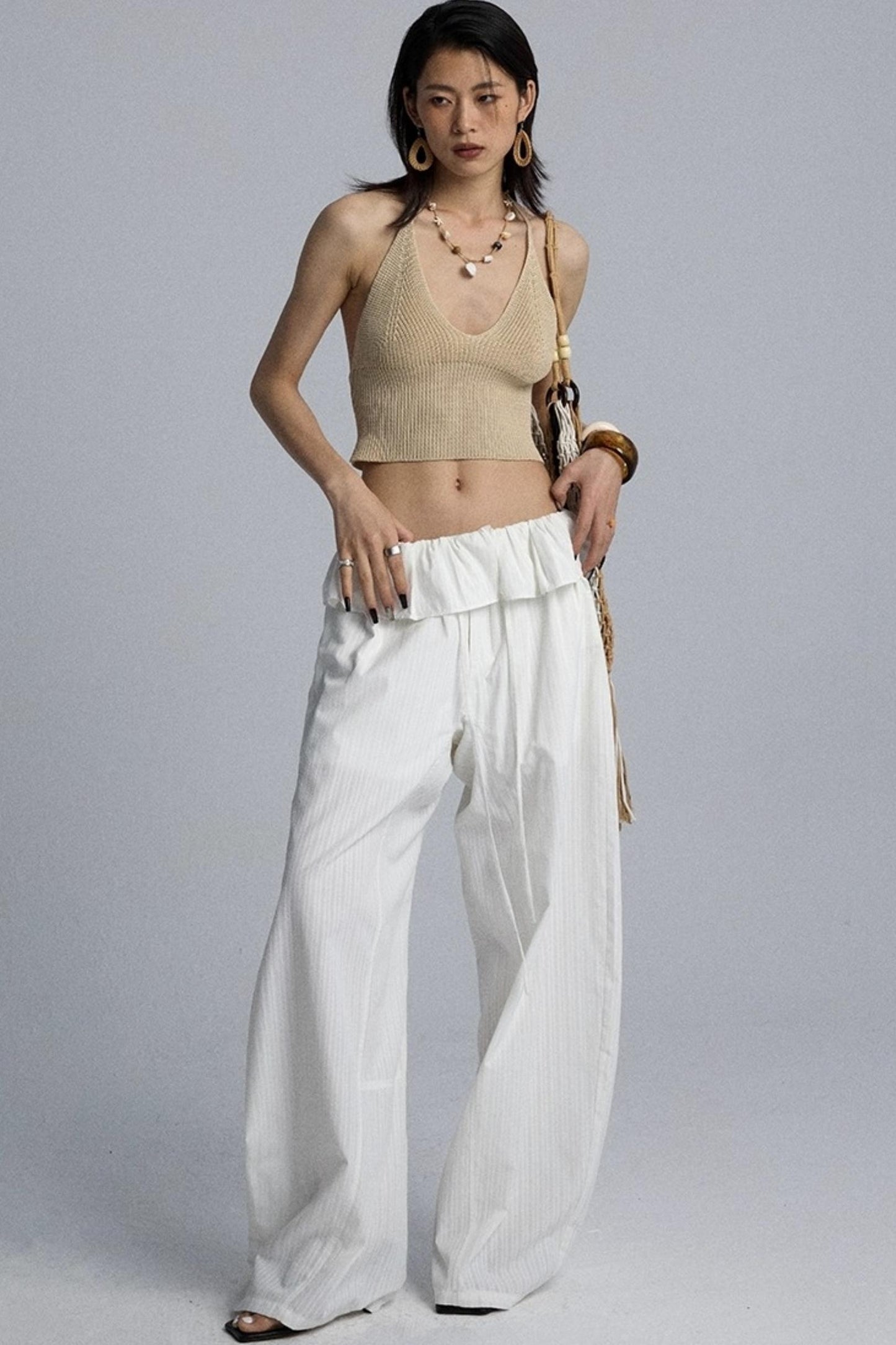 White Lace Drawstring Wide-Leg Pants