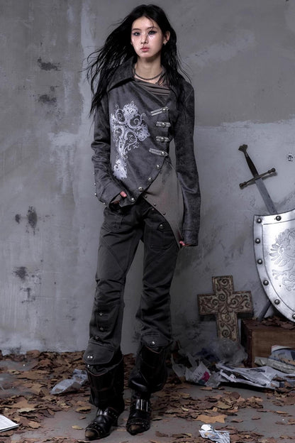 Vintage Slanted Placket Printed Leather Shirt