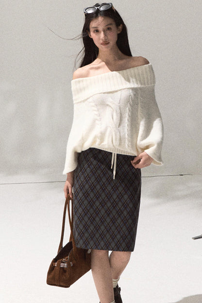 Moon Wool Twist Knit Cape Sweater Set-Up