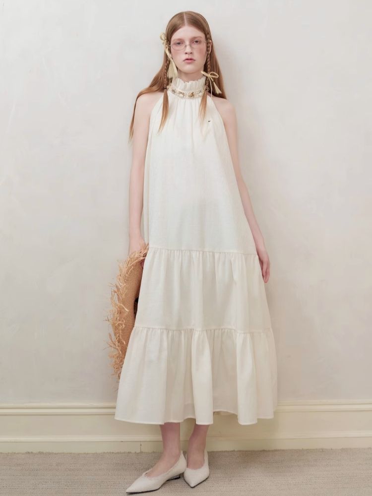 Small Stand Neck Ruffle Long Dress