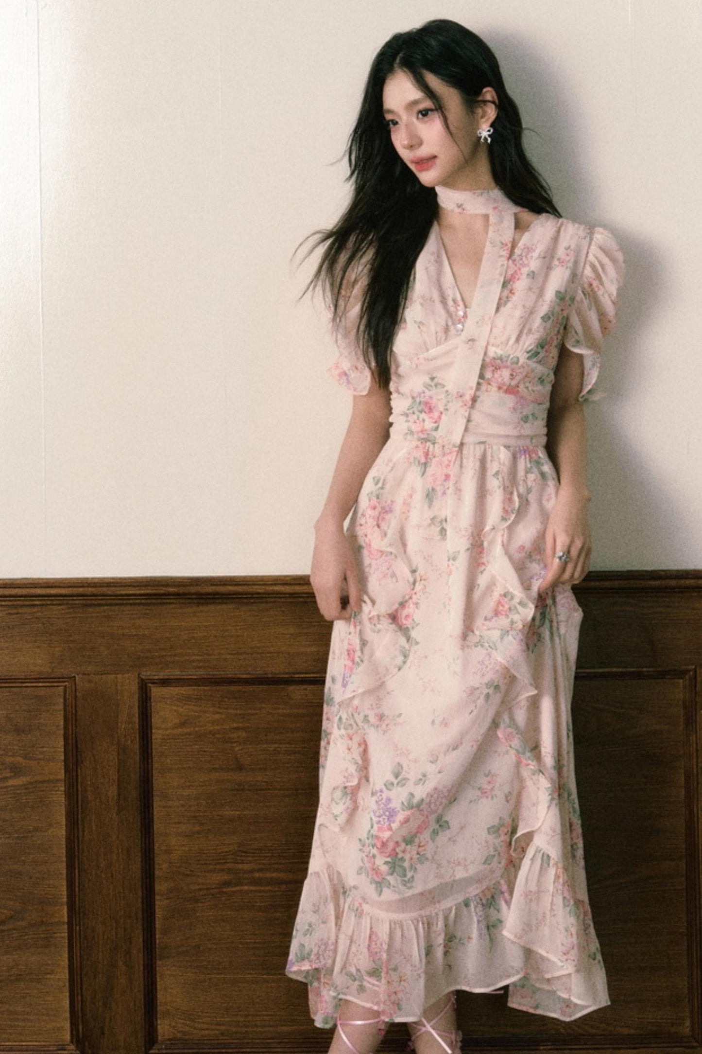 Pink Chiffon V-Neck Summer Dress