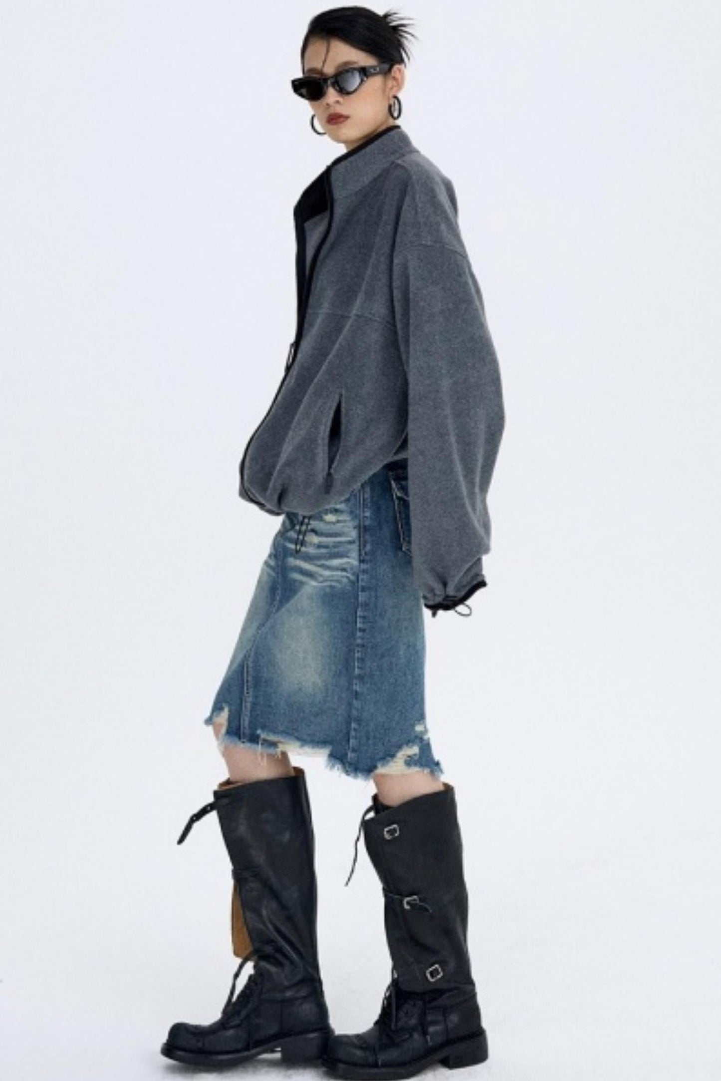 Retro Blue Distressed Denim Skirt