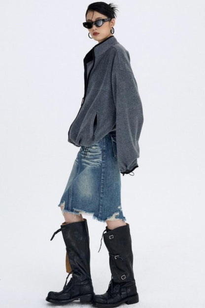 Retro Blue Distressed Denim Skirt