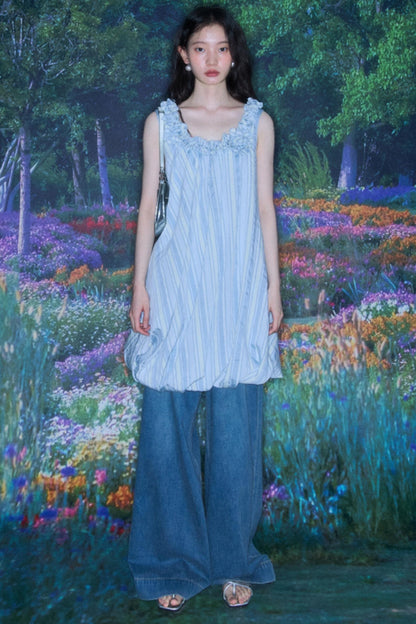 Blue Jellyfish Embroidered Striped Vest Dress