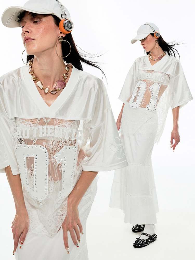 Rhinestone Sheer Lace Uniform T-Shirt