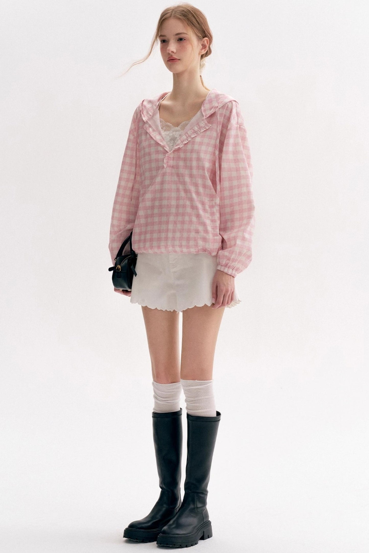 Cream Pink Plaid Lace Hooded Pullover Top