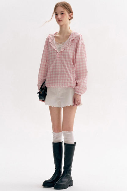 Cream Pink Plaid Lace Hooded Pullover Top