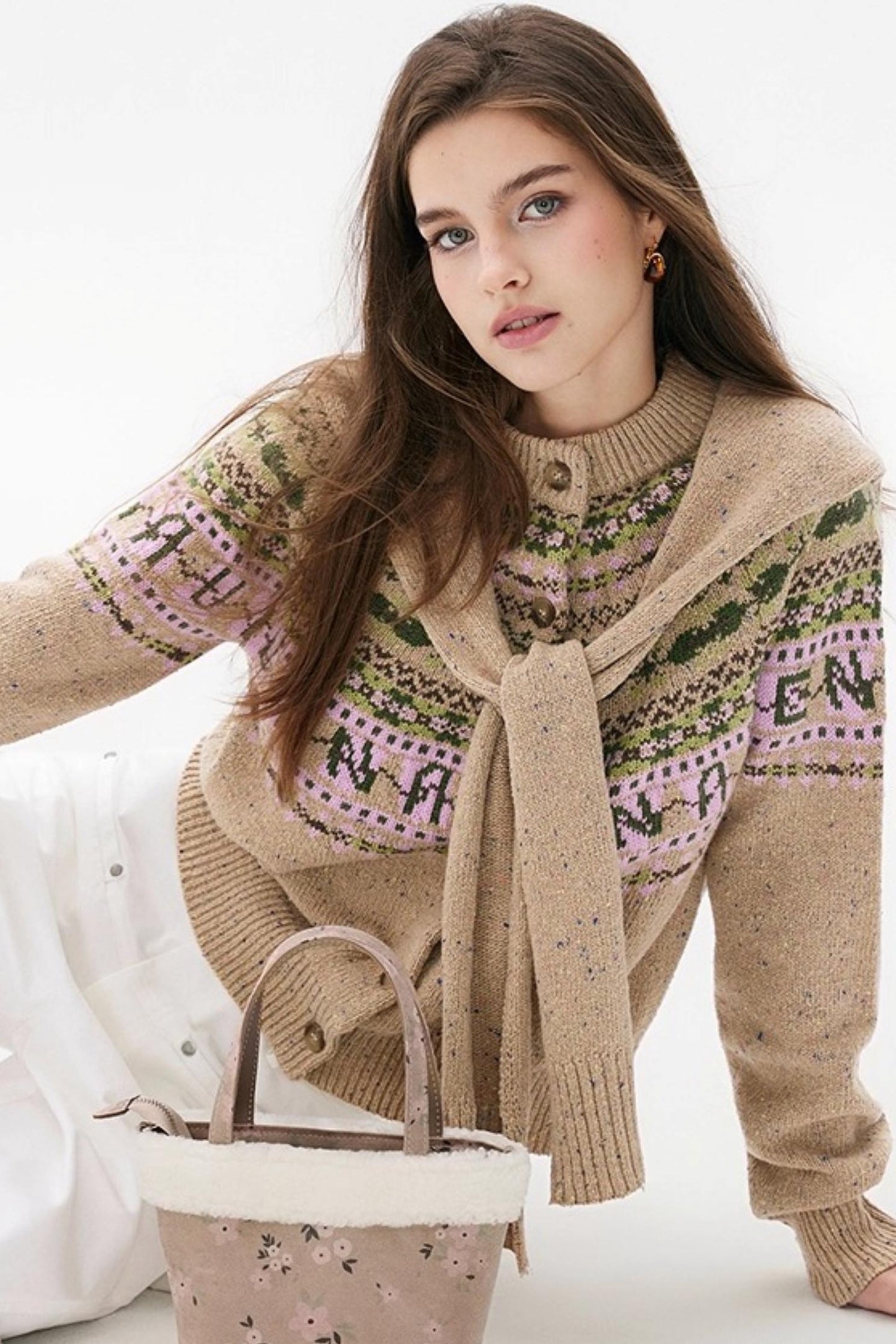 Khaki Fair Isle Wool Cardigan